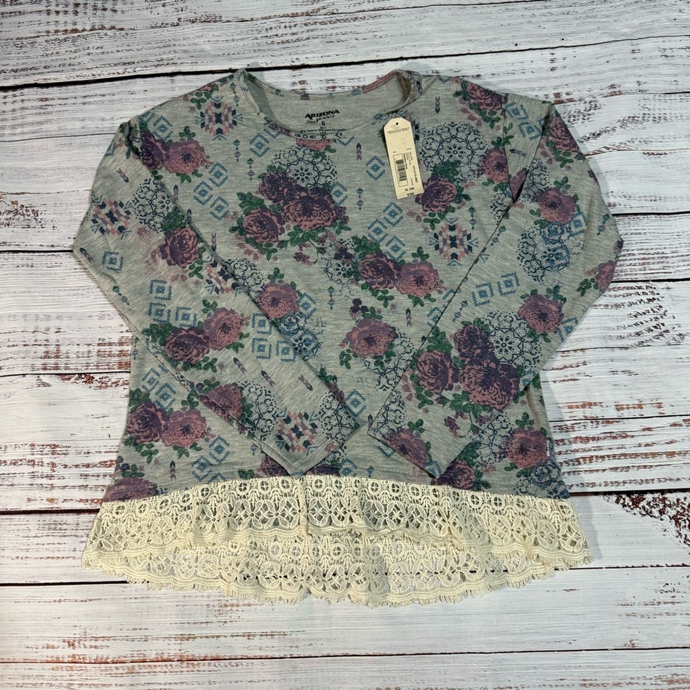 NWT Girls Arizona Jean Company Floral Lace Long Sleeve Top - Gray and Purple